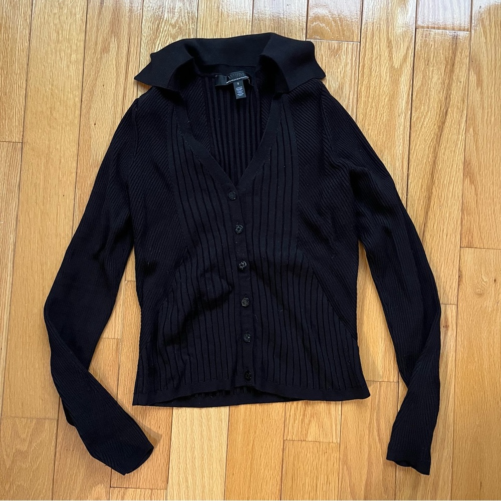White House Black Market Black V-Neck Ribbed Button-Up Cardigan